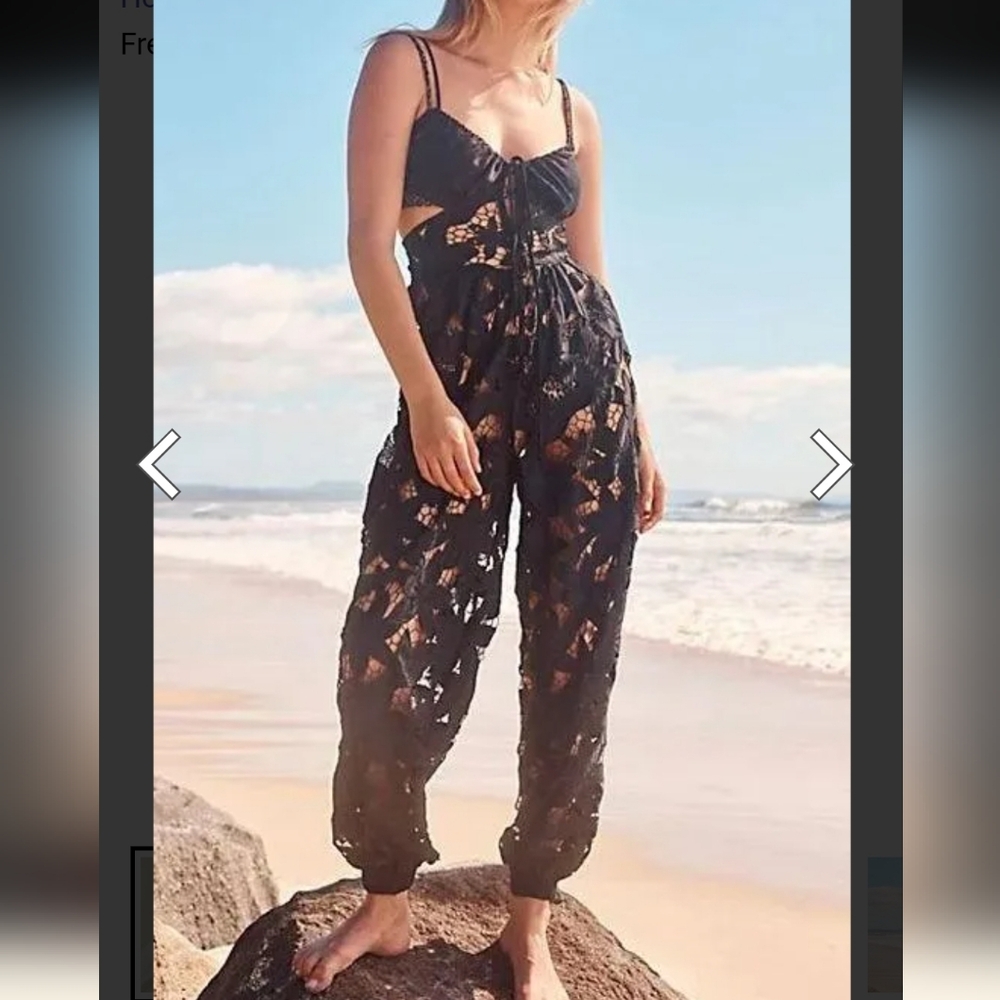 Free People Meet Me In Bali Floral Crochet Jumpsuit Romper Large - Picture 3 of 11